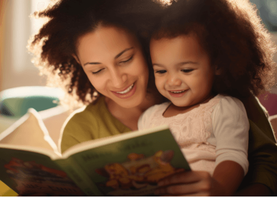 Parent reading a book to her daughter